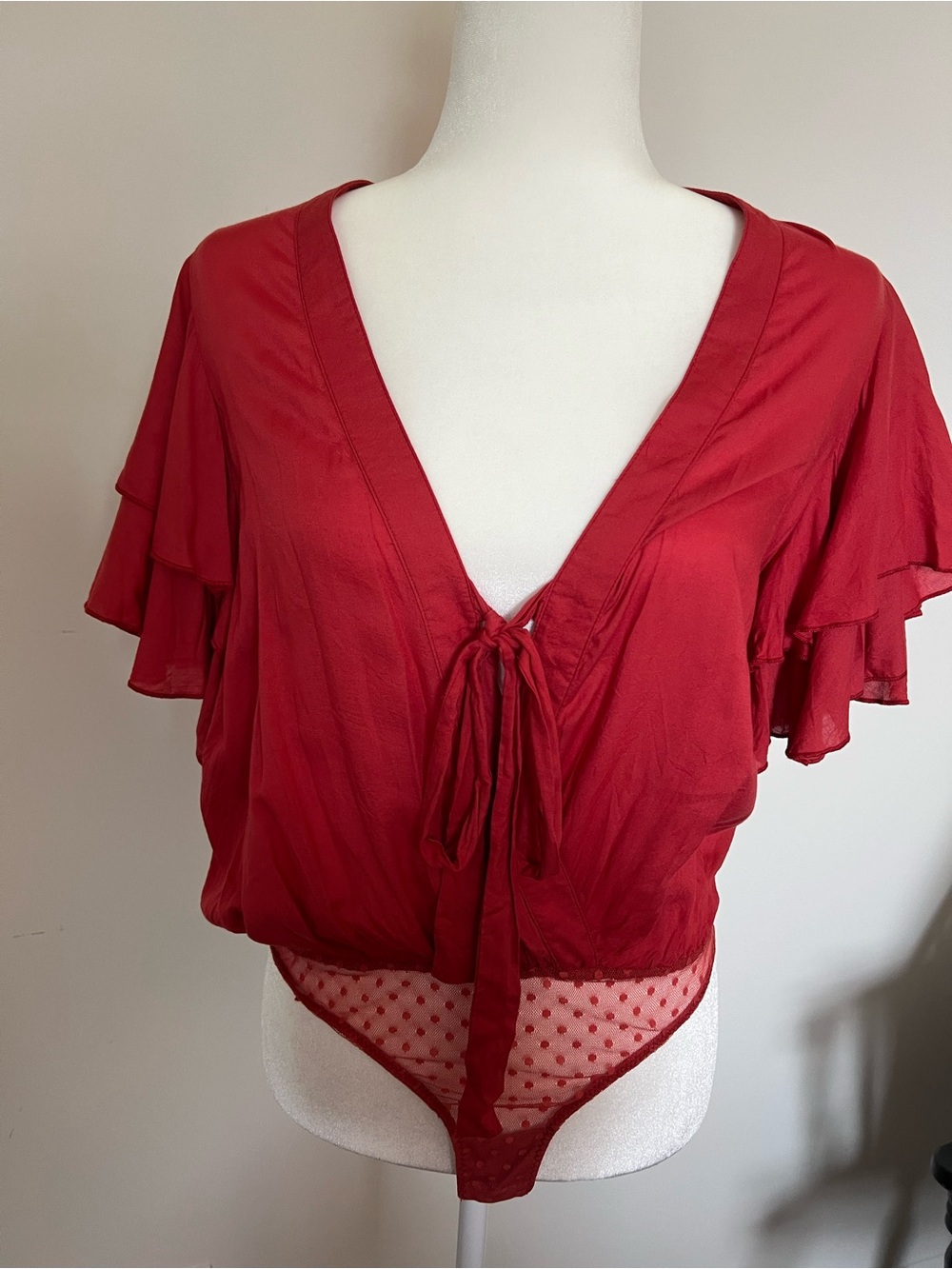 Free People Crimson Red Tie-Front Flutter Sleeve Chemise Bodysuit